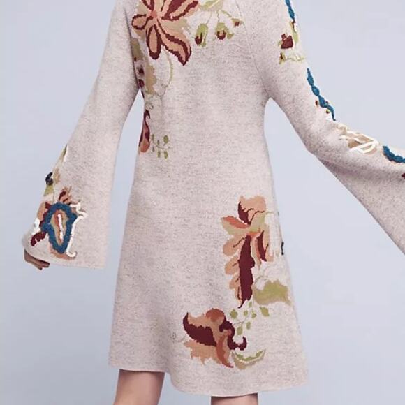 Anthropologie Knitted & Knot Embroidered Petals Turtleneck Swing Sweater Dress - Picture 3 of 15